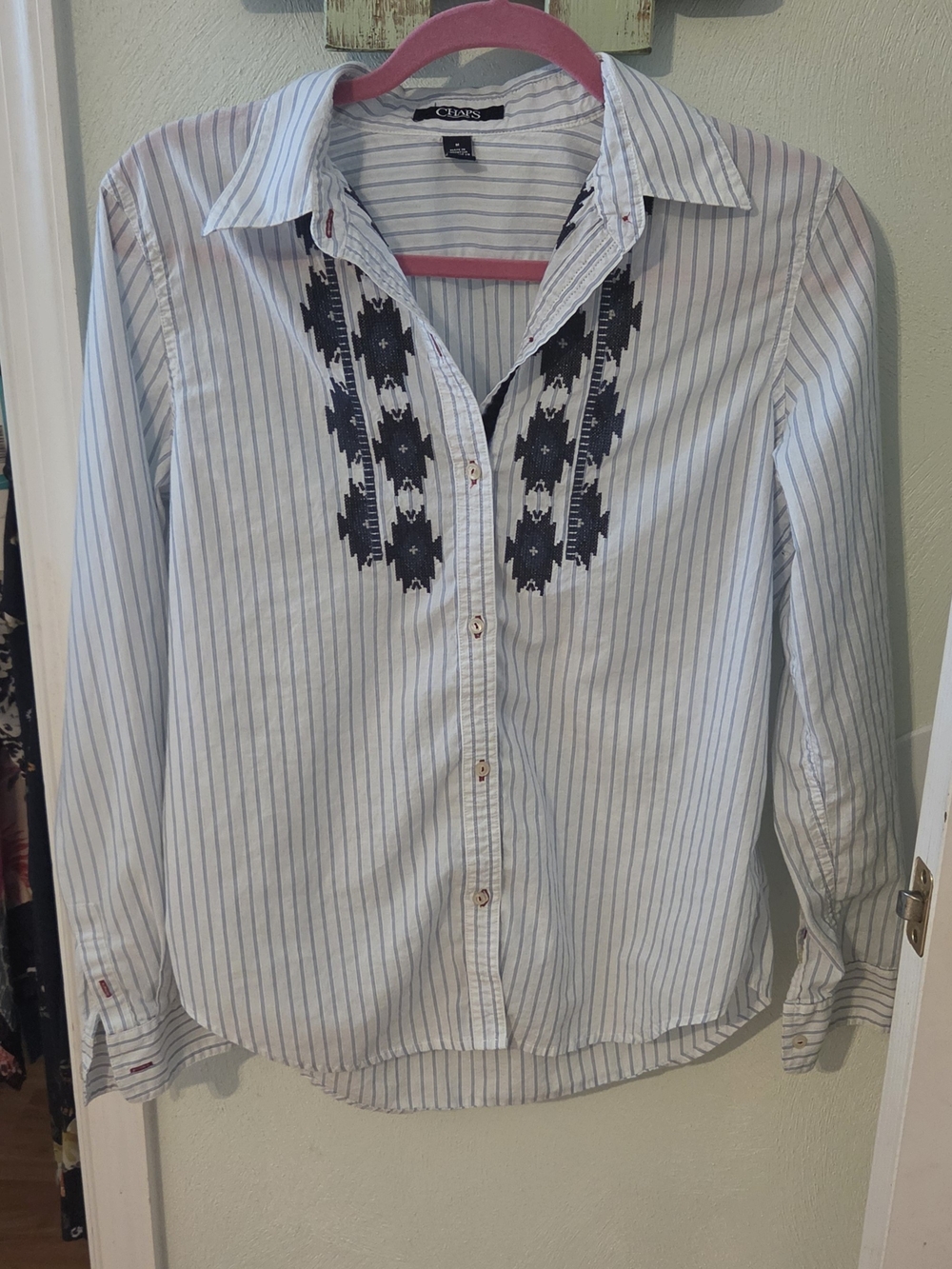 Ralph Lauren Chaps Blue & White Striped Soutwest Embroidered Button-Front Shirt